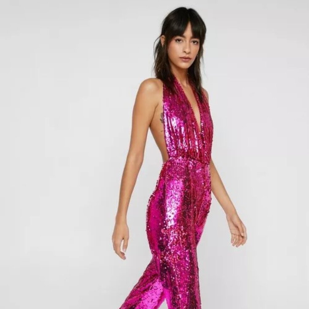 Sequin Halter Neck Flare Jumpsuit